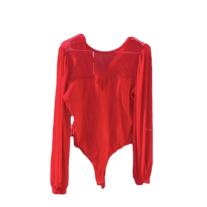 XL red body suit sexy sheer sleeves sheer neckline keyhole button back